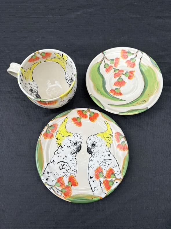 Cockatoo & Gum Blossom Cup, Saucer & Side Plate Set — Christine Pickett