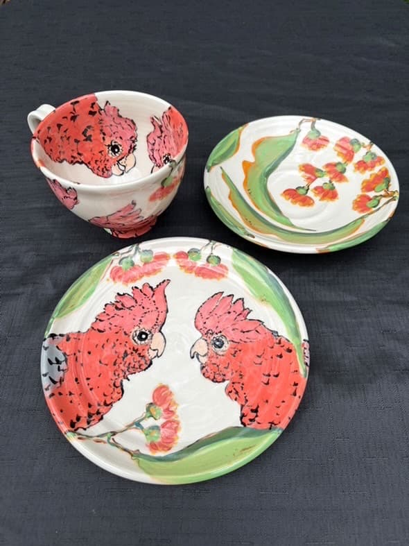 Galah & Gum Blossom Cup, Saucer & Side Plate Set — Christine Pickett