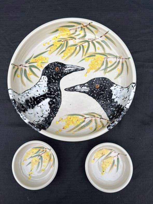 Magpie & Wattle Serving Dish plus 2 Dip Dishes — Christine Pickett