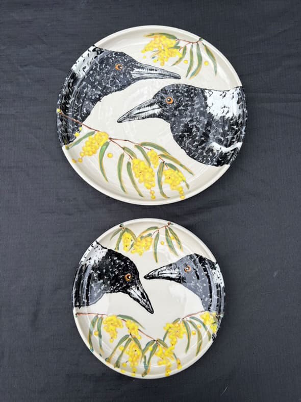 Magpie & Wattle Plate & Matching Side Plate Set — Christine Pickett