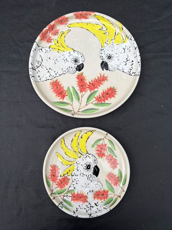 Cockatoo & Bottle Brush Plate & Matching Side Plate Set — Christine Pickett
