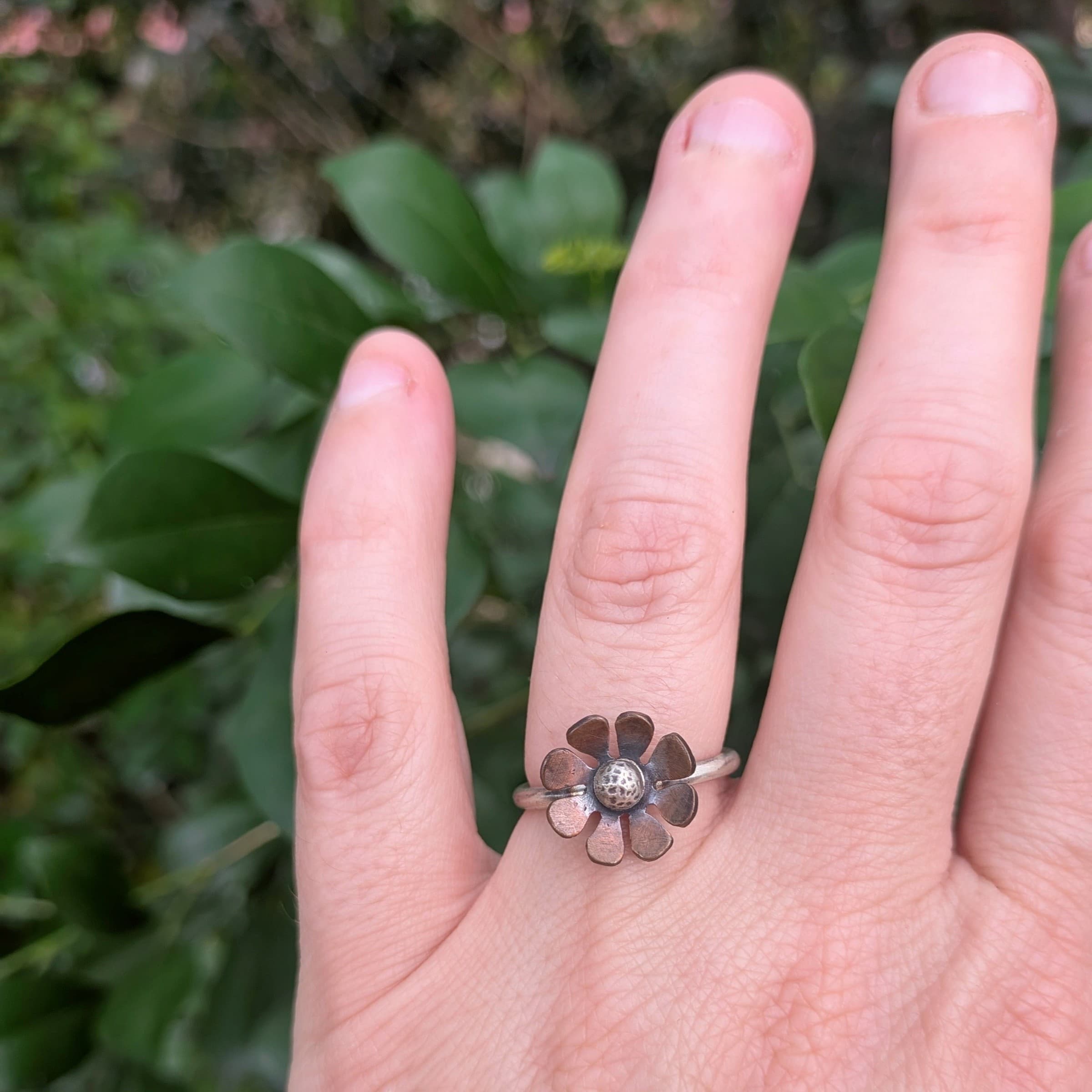 Copper Patina & Sterling Silver 8 Petal Flower Ring — Jemica Ostrofski