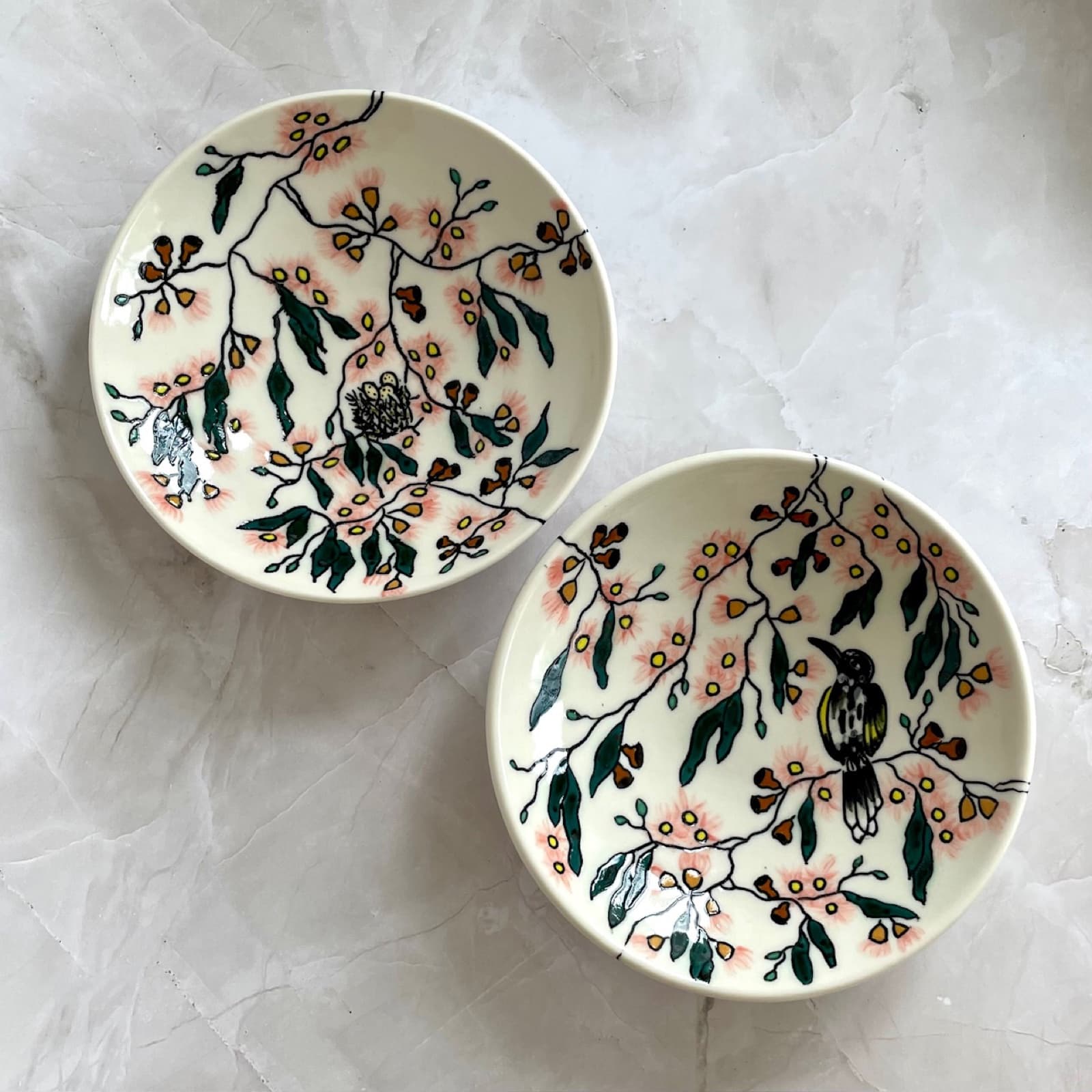 Honeyeater & Nest in Pink Flowering Gum - side plate set of 2 — Juni Margrie