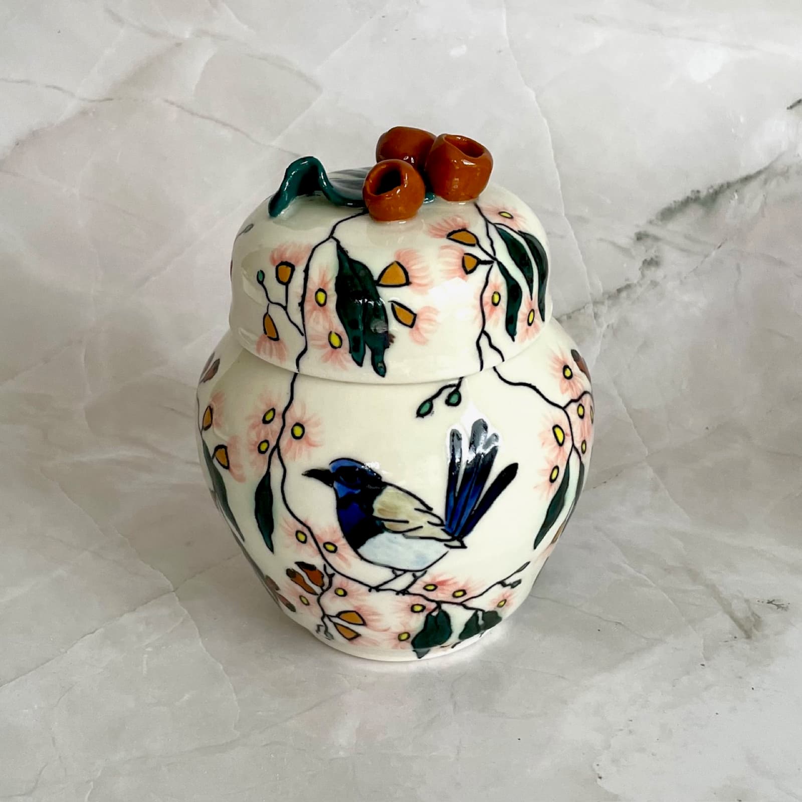 Fairy Wrens In Pink Flowering Gum Ginger Jar — Juni Margrie